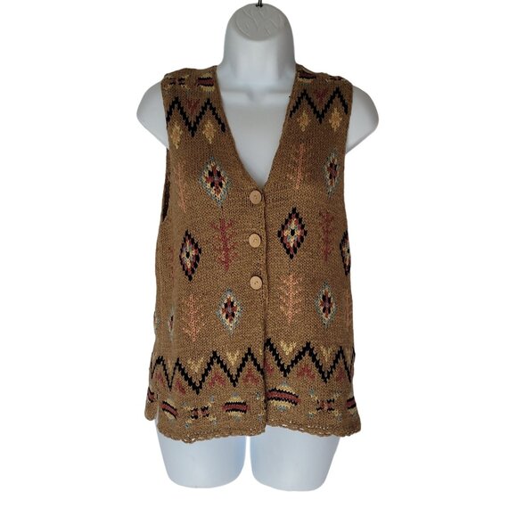 Vintage Northern Isles Knitted Sweater Vest S Beige Geometric Y2K Aztec 3 Button - Picture 7 of 10